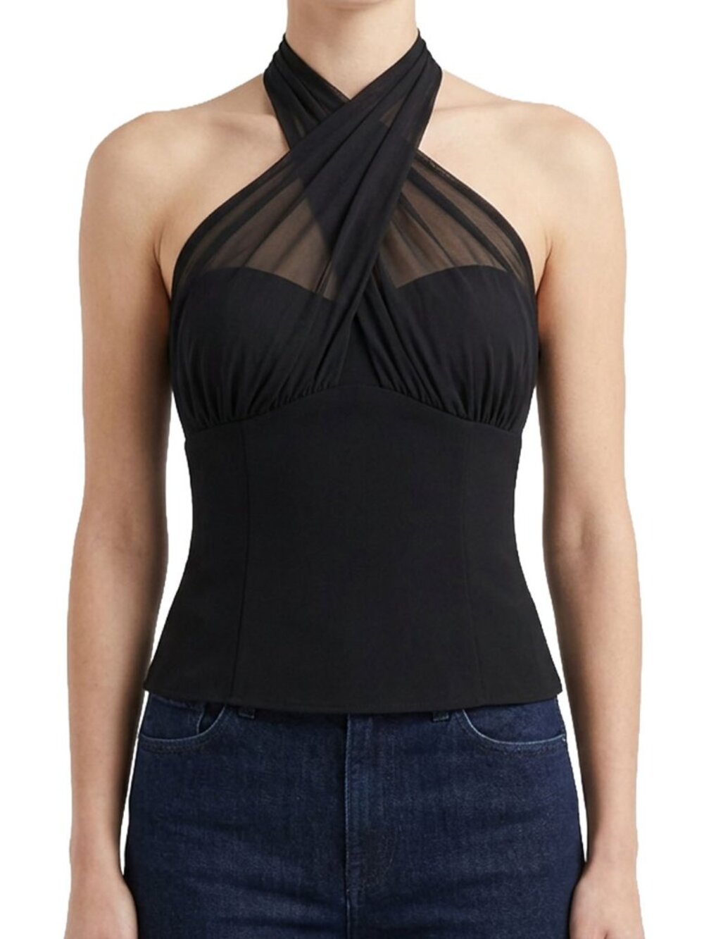 Reformation Deja Top Black Sheer Mesh Criss Cross Halter Neck 2